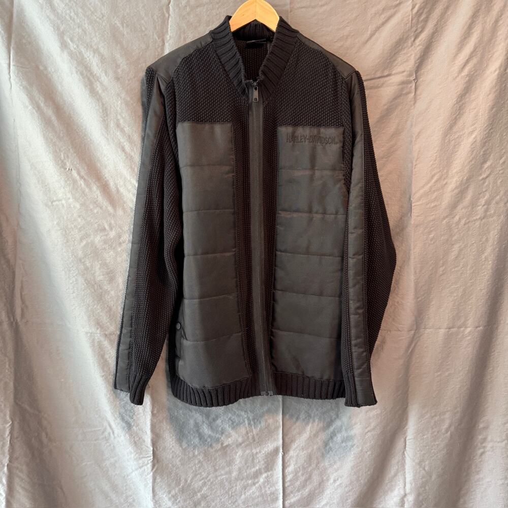 Harley-Davidson Moto Cardigan Men’s L Black Cotton Knit Nylon Quilted Full‎ Zip